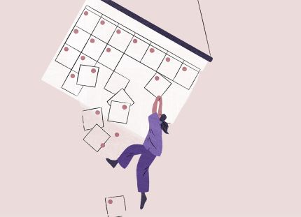 Kuvituskuva, jossa ihminen roikkuu kalenterin yhdessä päivässä.