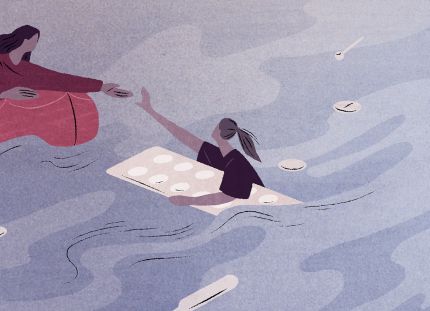 Piirroskuva, jossa henkilö punaisessa vaatteessa ojentaa kättään vedessä kelluvalle ihmiselle. Vesi on sinertävää ja aaltoilevaa, ja pinnalla kelluu pillereitä.