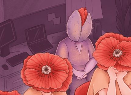 Unikkopäisiä ihmisiä istuu neuvotteluhuoneessa. Takana unikko on nupuillaan.