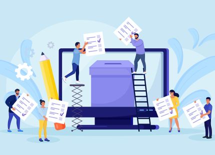 Piirroskuva, jossa hahmot laittavat äänestyslippuja uurnaan.