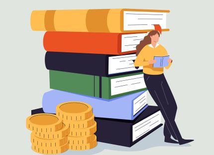 Piirroshahmo nojaa kirjakasaan. 