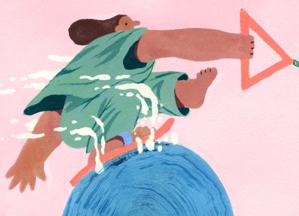 Piirroskuva, jossa hoitajahahmo surffaa aallon huipulla.