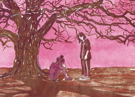 Piirroskuva, jossa surullinen ihminen istuu puun alla.