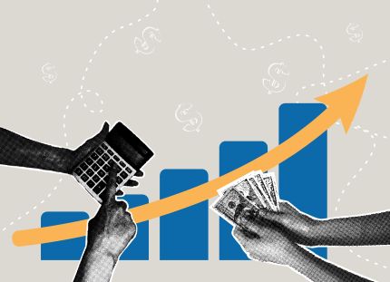 Piirroskuvassa kahdet käsiparit, joista toinen pitelee laskinta ja toinen seteleitä. Taustalla graafisia pykäliä ja nuolen suuntaus ylöspäin.