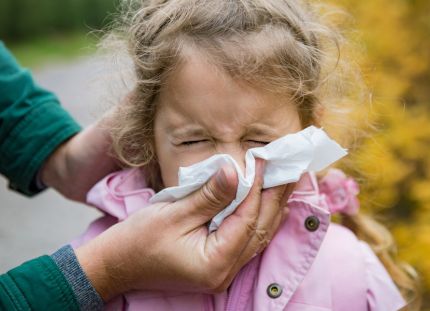 Nuhainen lapsi niistää aikuisen avustuksella nenäliinaan.