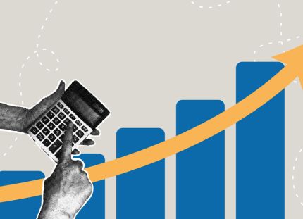 Käsiparit joissa laskin. Taustalla graafisia palkkeja.