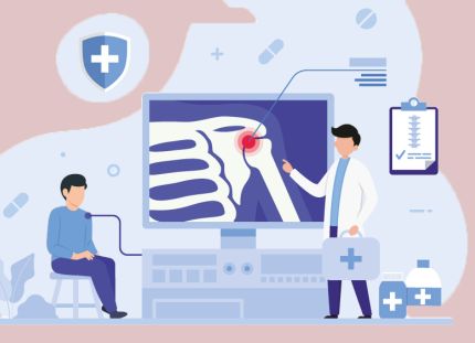 Piirroskuva, jossa lääkäri esittelee potilaalle olkapään rtg-kuvaa