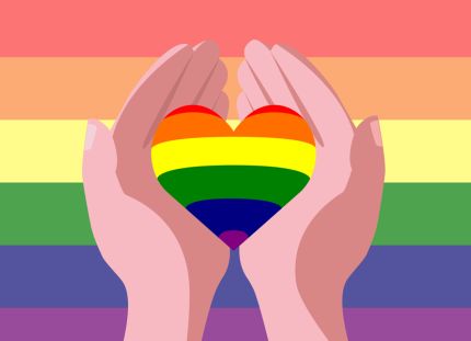 Alt-teksti: Kuvituskuva, jossa kaksi kättä pitelee sydämen muotoista esinettä sateenkaarilippua vasten. Sydän ja tausta ovat sateenkaaren väreissä, symboloiden LGBTQ+ -yhteisön tukemista ja yhdenvertaisuutta.