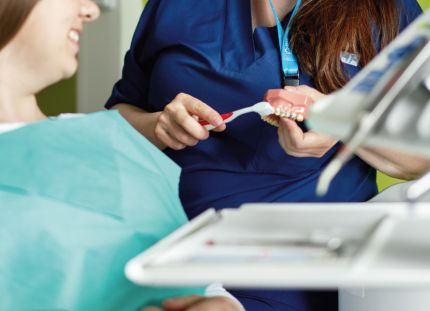 Suuhygienisti näyttää mallihampailla potilaille hampaiden harjausta.