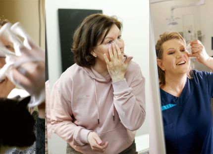 Tehyläiset kertovat testatut ihonhoitovinkkinsä. Kuvassa haastatellut rasvaavat käsiään ja ihoaan ja laittavat kosteuttavia silmätippoja.