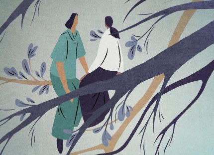 Piirroskuva, jossa hoitaja ja potilas istuvat puun oksalla.