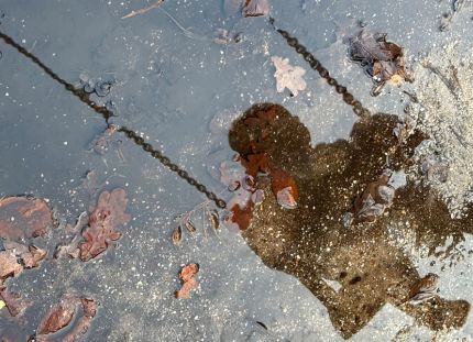 Keinussa istuvan lapsen varjo heijastuu sadeveteen muodostuneessa lammikossa, jonka pinnalla on syksyn lehtiä.
