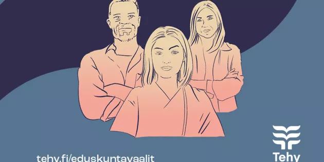 Kolme henkilöä piirroskuvassa kasvot eteenpäin