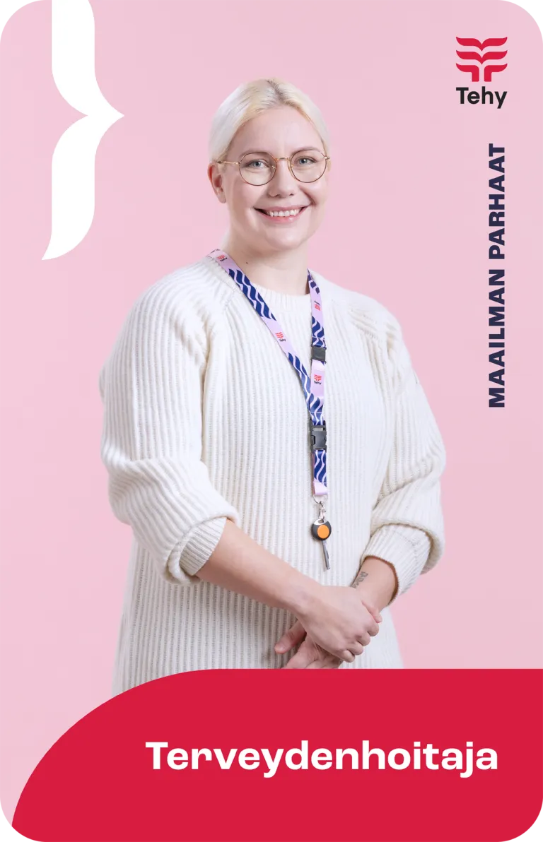 Kuvassa terveydenhoitaja Maailman parhaat -kampanjassa