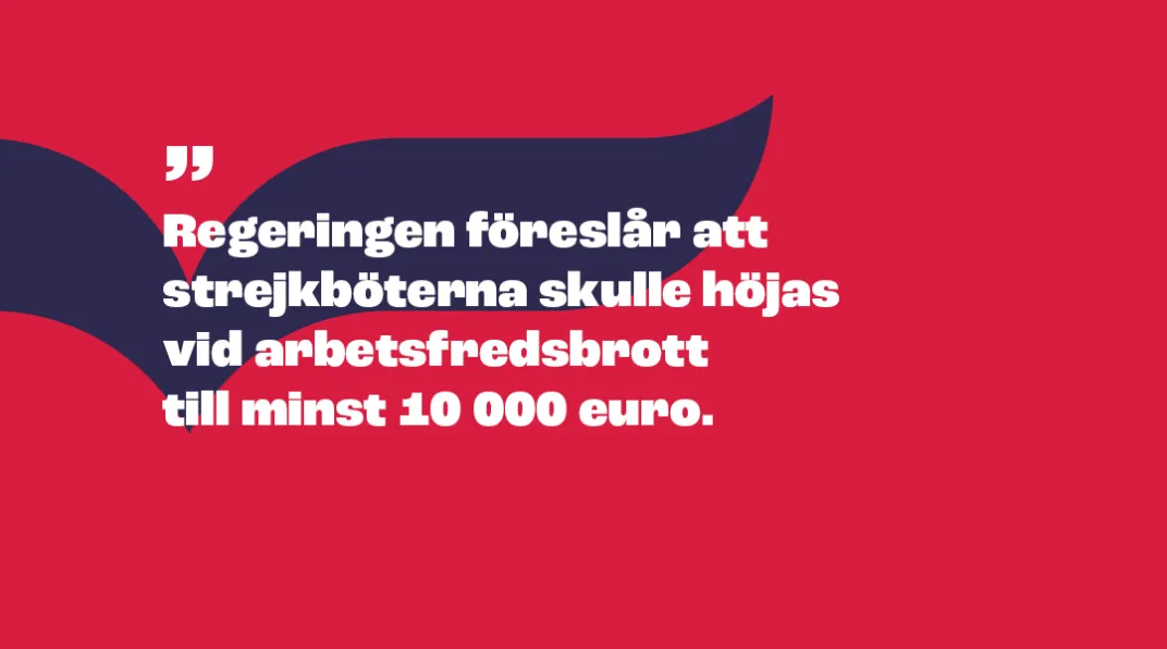 Piirroskuva, jossa lukee "Regeringen föreslår att strejkböterna skulle höjas vid arbetsfredsbrott till minst 10 000 euro.