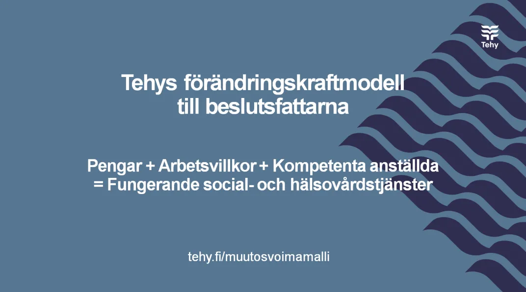 Piirroskuva sinisellä pohjalla, jossa teksti "Tehys förändringskraftmodell till beslusfattarna".