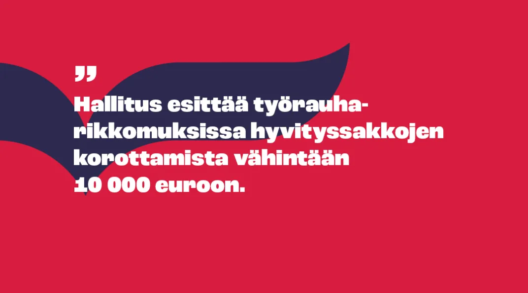 Piirroskuva, jossa teksti "hallitus esittää työrauharikkomuksissa hyvityssakkojen korottamista vähintään 10 000 euroon.