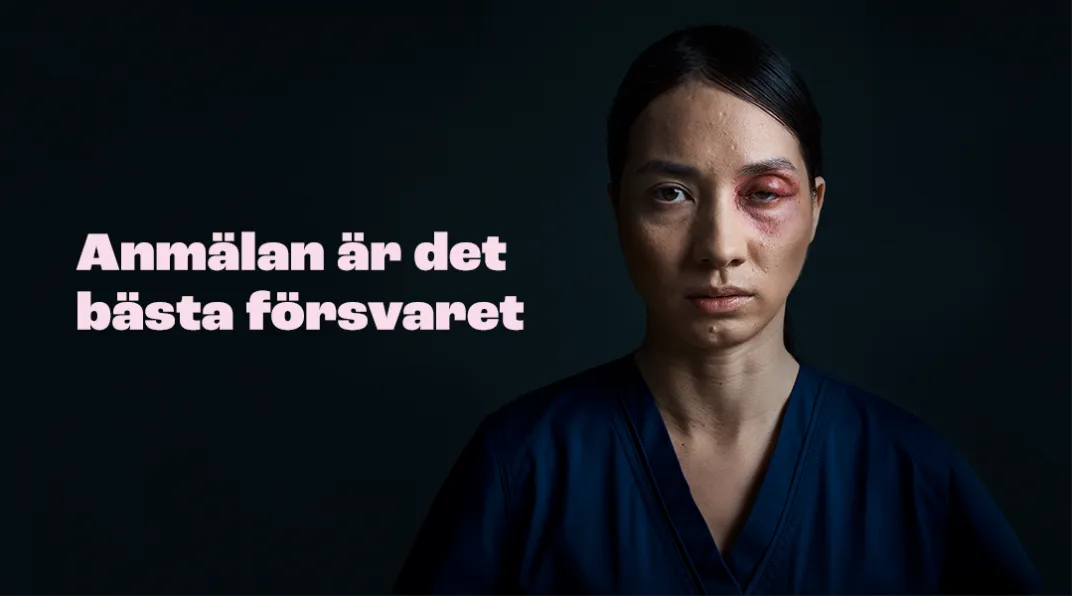Tummahiuksinen nainen, jolla on musta silmä. Kuvassa teksti "Anmälan är det bästa försvaret".