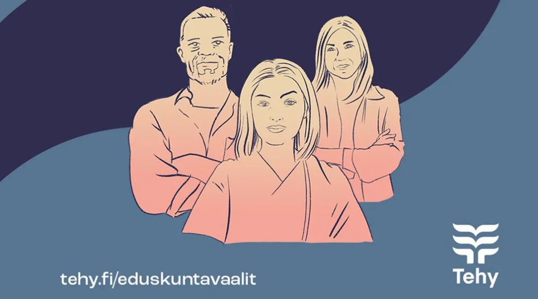 Kolme henkilöä piirroskuvassa kasvot eteenpäin