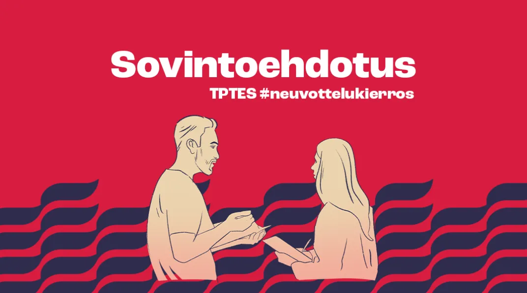 Piirroskuva, jossa nainen ja mies keskustelevat keskenään. Kuvassa teksti "sovintoehdotus" ja teksti TPTES #neuvottelukierros
