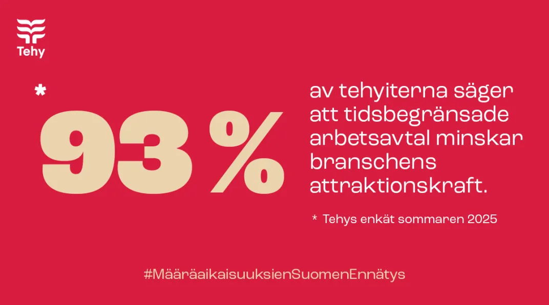 Punaisella pohjalla teksti "93 % av tehyiterna säger att tidsbegränsade  arbetsavtal minskar branschens attraktionskraft".