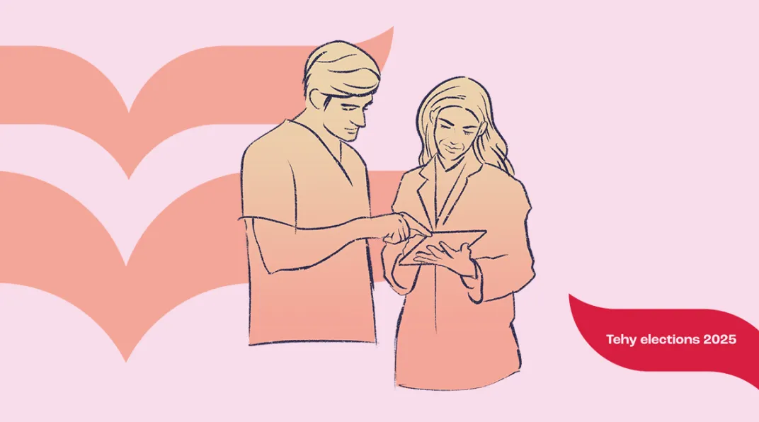 Vaaleanpunainen piirroskuva, jossa hoitajat tutkivat käsissään olevaa paperia. Kuvassa myös teksti "Tehy elections".